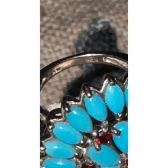 925 Sterling Silver Turquoise Garnet Flower Ring Cluster Statement Ring - Picture 5 of 9